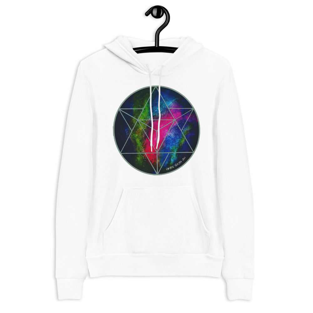 a white hoodie with a blue, green and pink geometric design.	