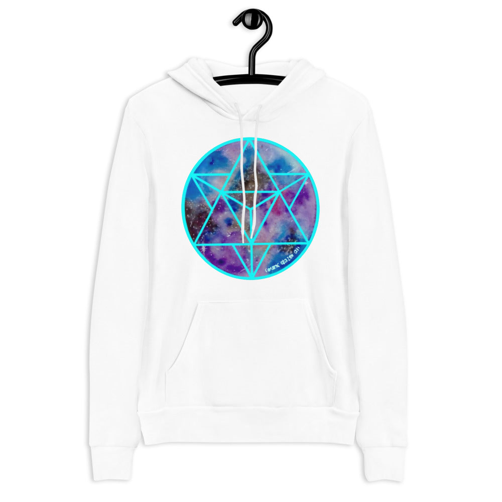 a white hoodie with a blue and purple geometric design.	
