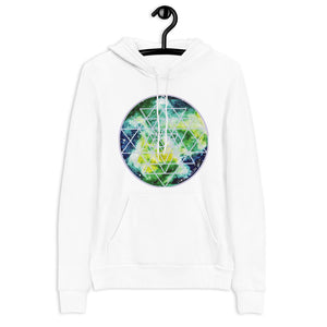 a white hoodie with blue, yellow and green and a geometric design.	