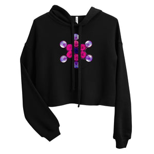 a black crop top hoodie with a colorful geometric design on it.	