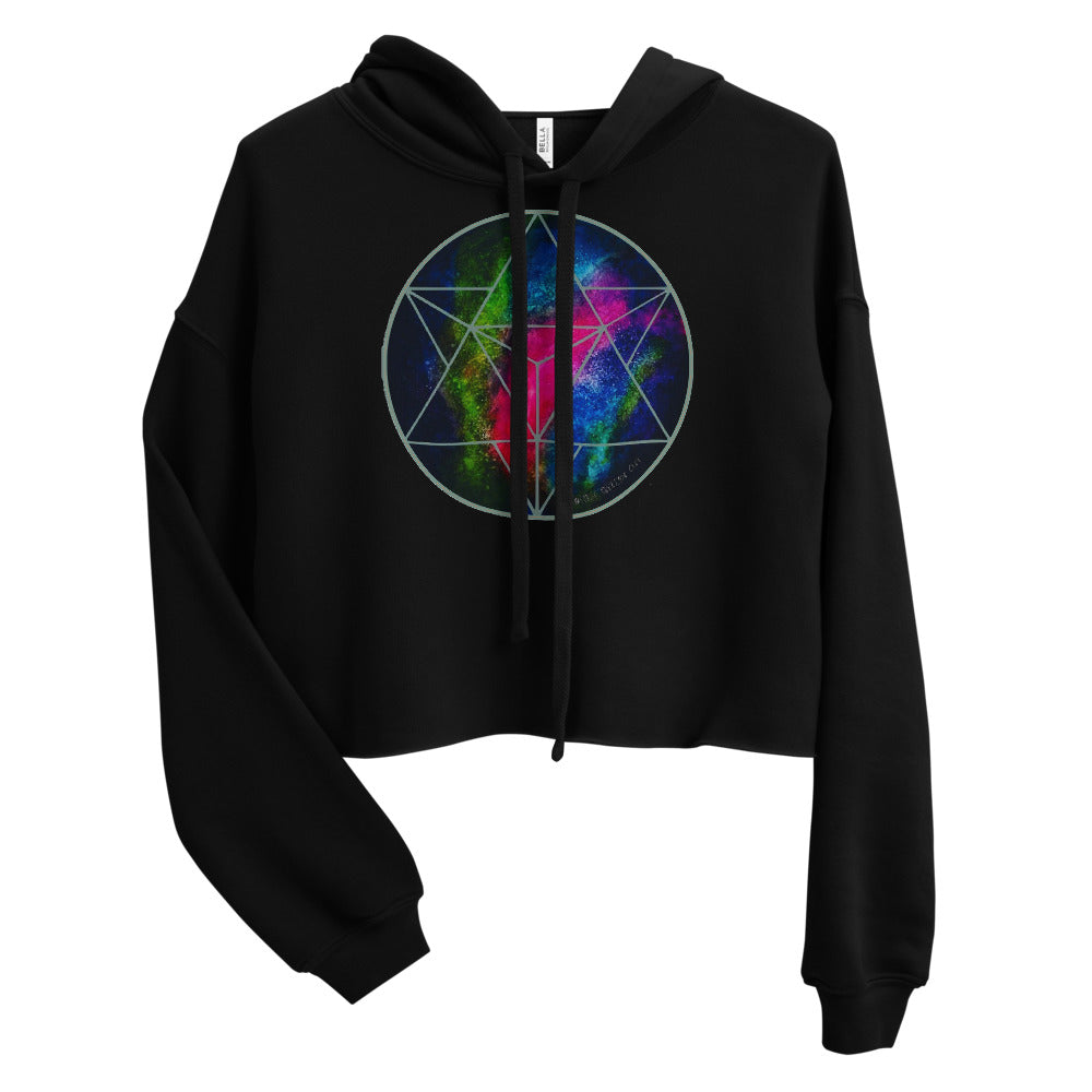 a cropped black crop top hoodie with a sacred geometry design on the front.
