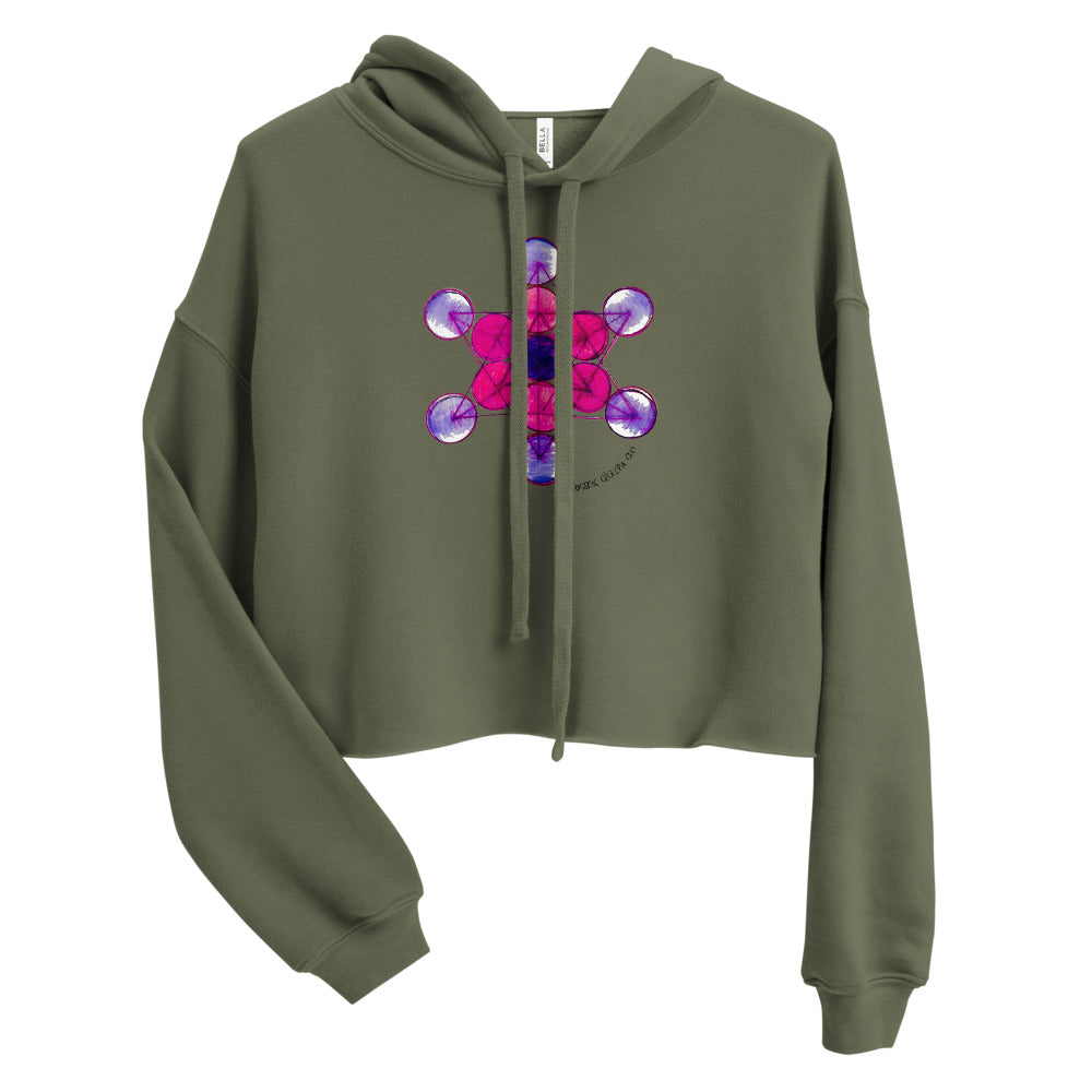 a military green crop top hoodie with a colorful geometric design on it.	