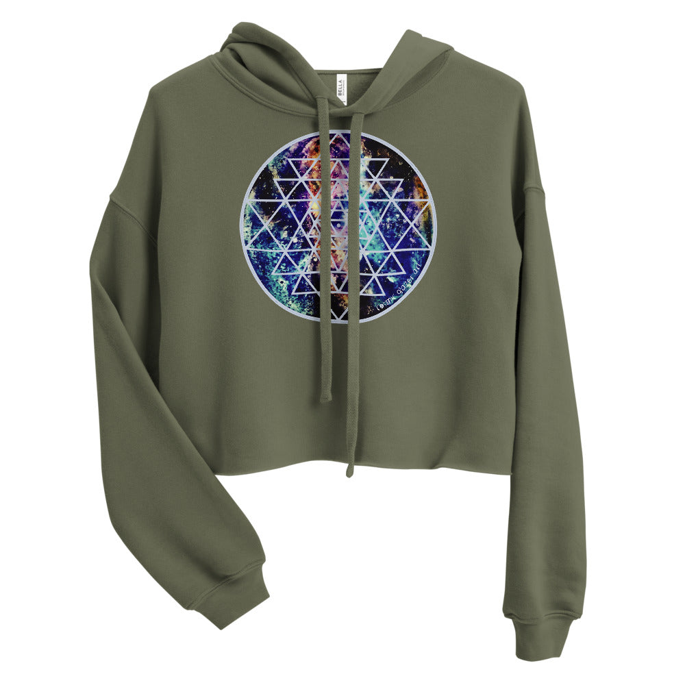 a cropped military green crop top hoodie with a geometric design on the front.