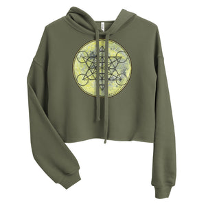 a cropped military green crop top hoodie with a geometric design on the front.