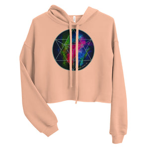 a cropped peach crop top hoodie with a geometric design on the front.