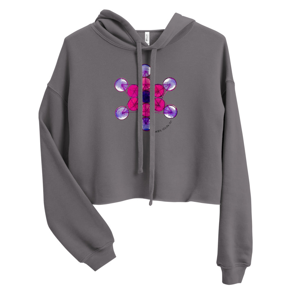 a dark grey crop top hoodie with a colorful geometric design on it.	