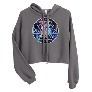 a cropped grey crop top hoodie with a sacred geometry design on the front.