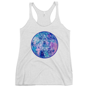 a white womens tank top with a blue and purple sacred geometry design.	