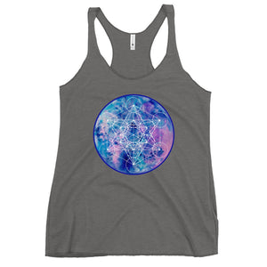 a heather grey womens tank top with a blue and purple sacred geometry design.	
