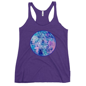 a purple womens tank top with a blue and purple geometric design.	