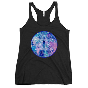 a vintage black womens tank top with a blue and purple geometric design.	