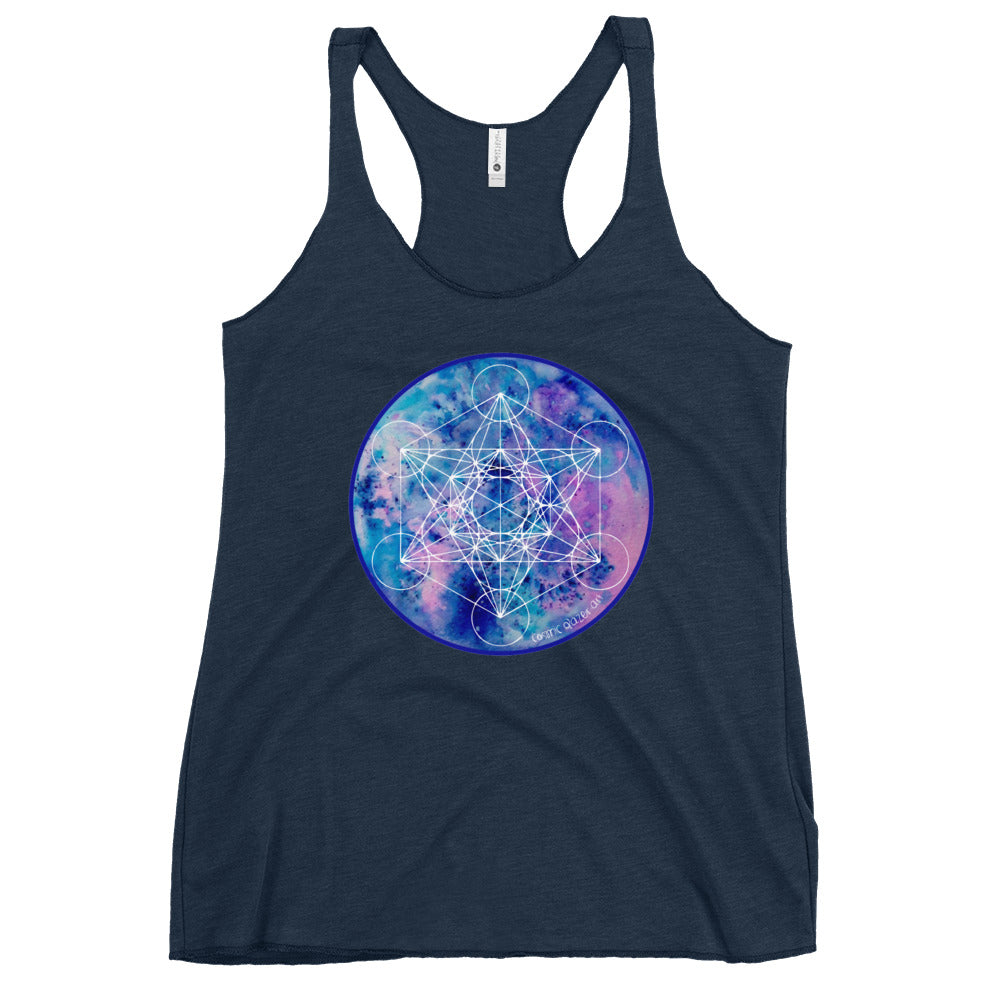 a navy womens tank top with a blue and purple geometric design.	