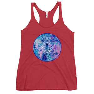 a red womens tank top with a blue and purple geometric design.	