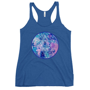 a royal blue womens tank top with a blue and purple geometric design.	