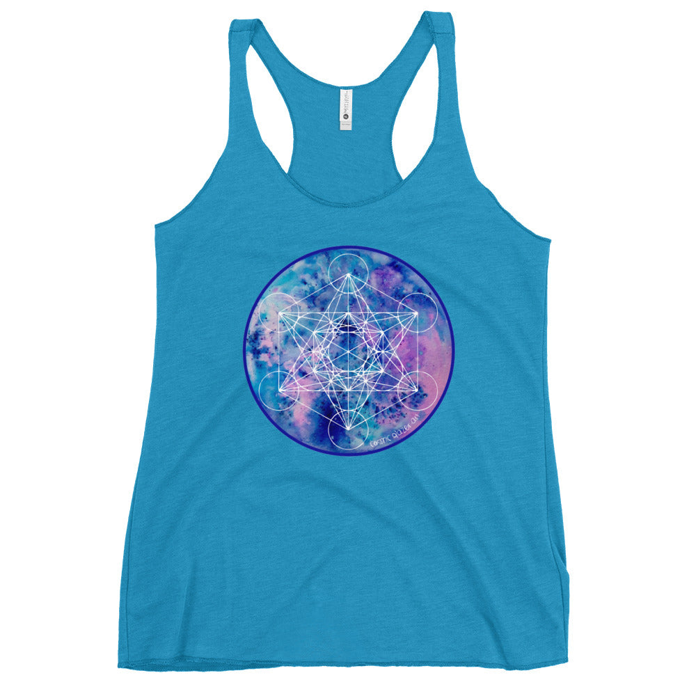 a turquoise womens tank top with a blue and purple sacred geometry design.	